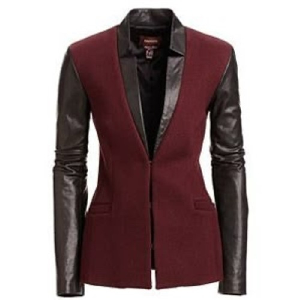 Danier Womens Italian Leather Sleeve Wool Blend Blazer Burgundy Black Medium